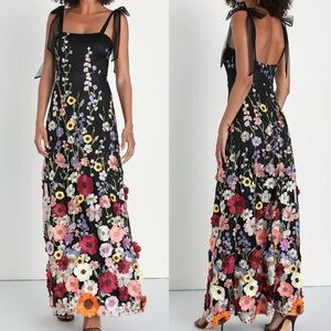 NWOT Thriving Poise Black 3D Floral Embroidered Tie-Strap Maxi Dress